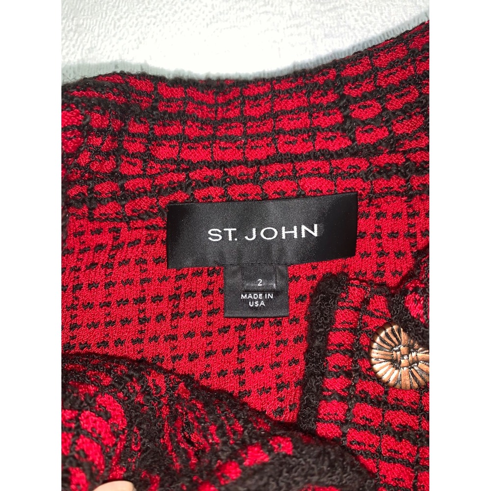 St. John Black Label Red Black Textured Knit Blazer Jacket Size 2 Made in USA - Picture 2 of 9